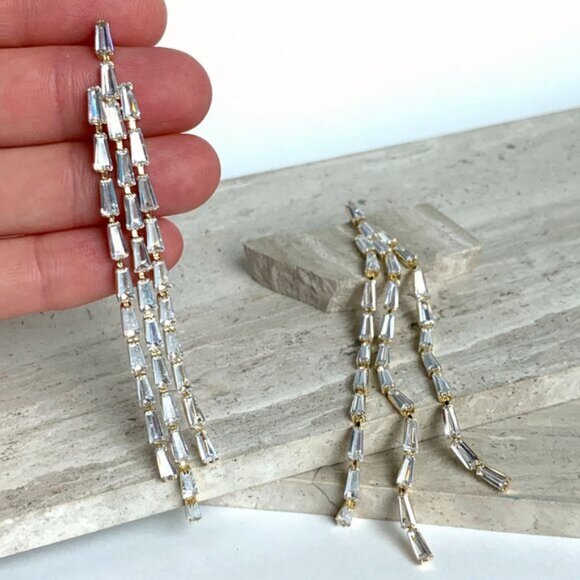 New ~ Anthropologie Shashi Cascading Baguette Crystal Fringe Gold Earrings - Picture 2 of 5
